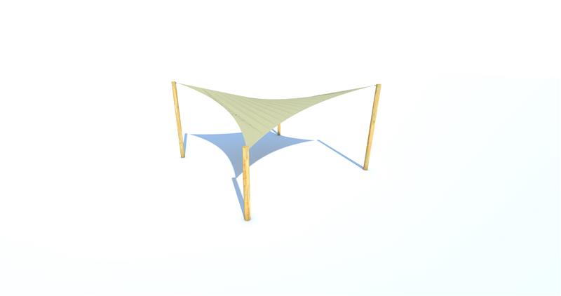 Technical render of a Sail Shade on Timber Posts (3.6M x 3.6M)