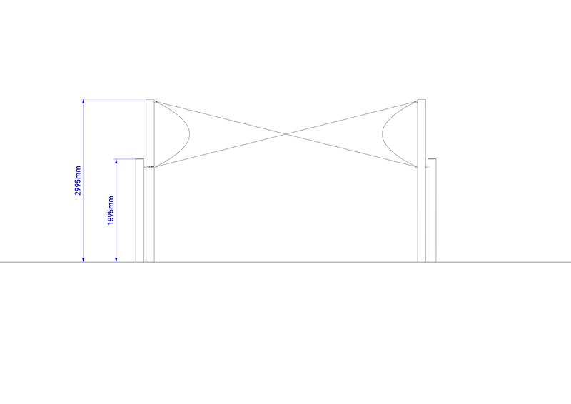 Technical render of a Sail Shade on Timber Posts (3.6M x 3.6M)