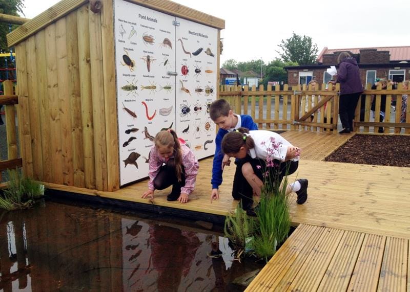 children kneel down by the side of the wildlife area and miniature pond