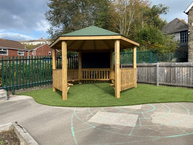 a zoomed out view of the timber canopy with green roof, artificial grass surfacing beneath and benches inside