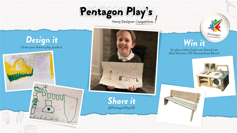 a blue and white design showing a little boy with his drawing and the prizes available to win