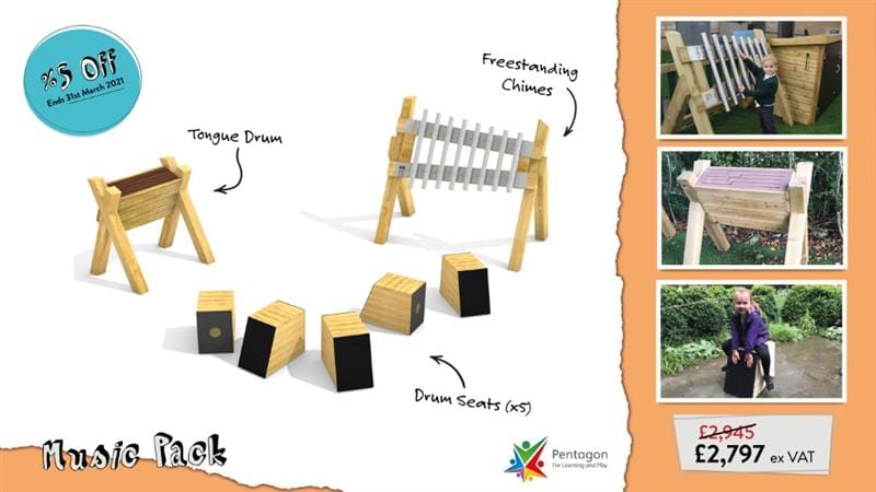 An infographic showing renders and names of what is included in Pentagon Plays online Outdoor Musical Instruments Package with 3 images on the right hand side