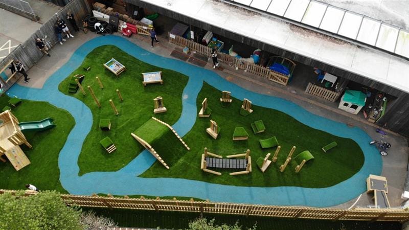 a birdseye view of the blue wetpour and green artificial grass