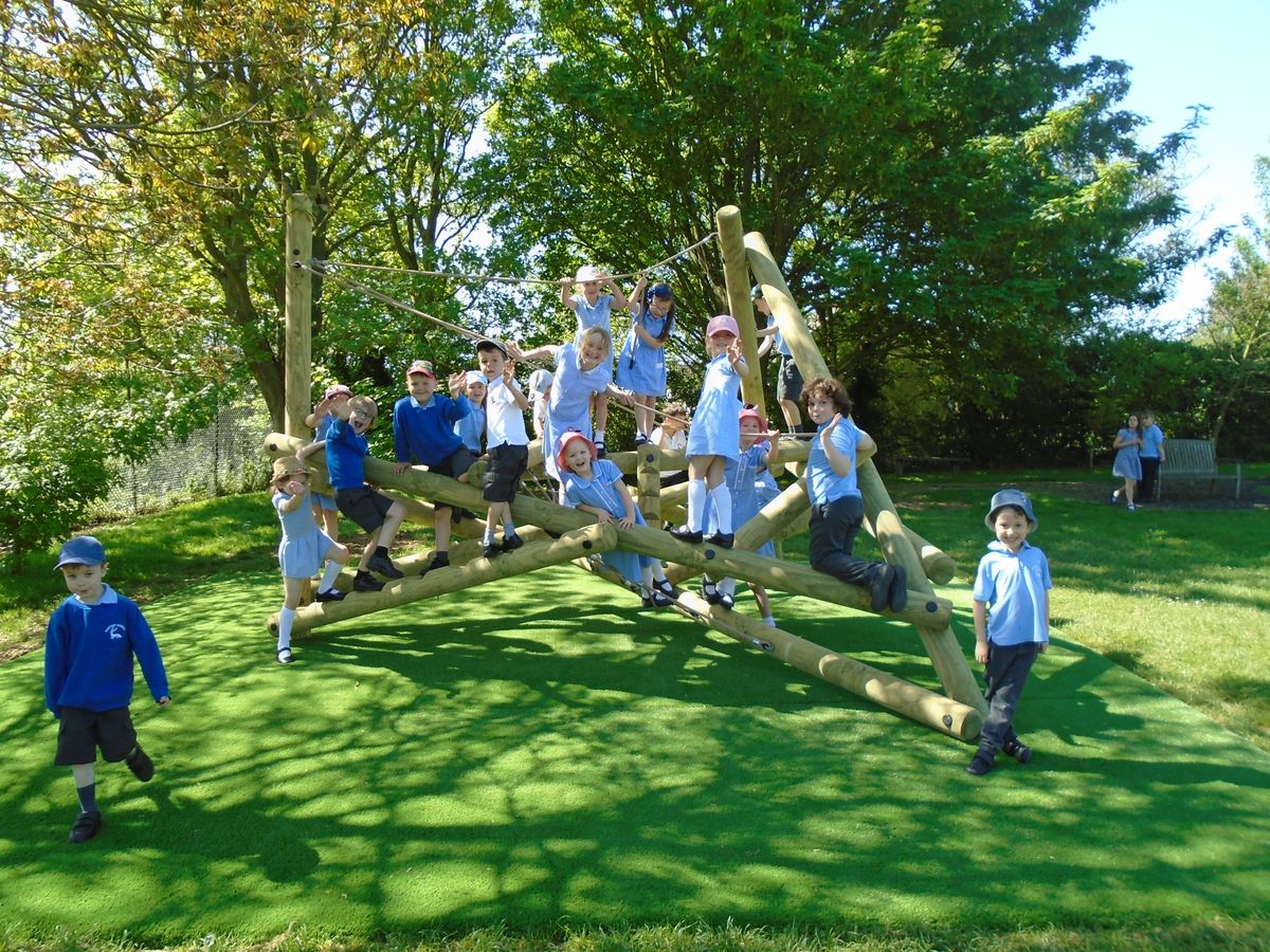 An entire year of year threes are posing on top of a climbing frame as they smile at the camera.