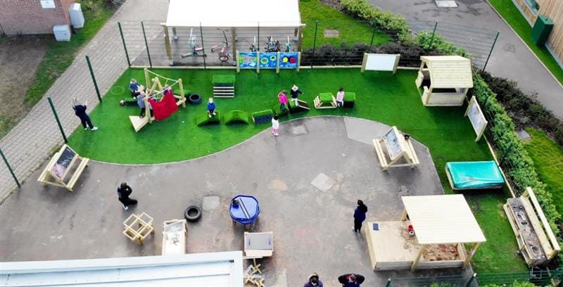 A birdseye view of school playground equipment in a nursery.