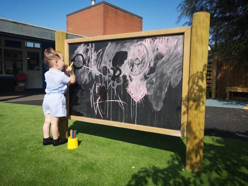 a little girl stands by the chalkboard and and draws on it