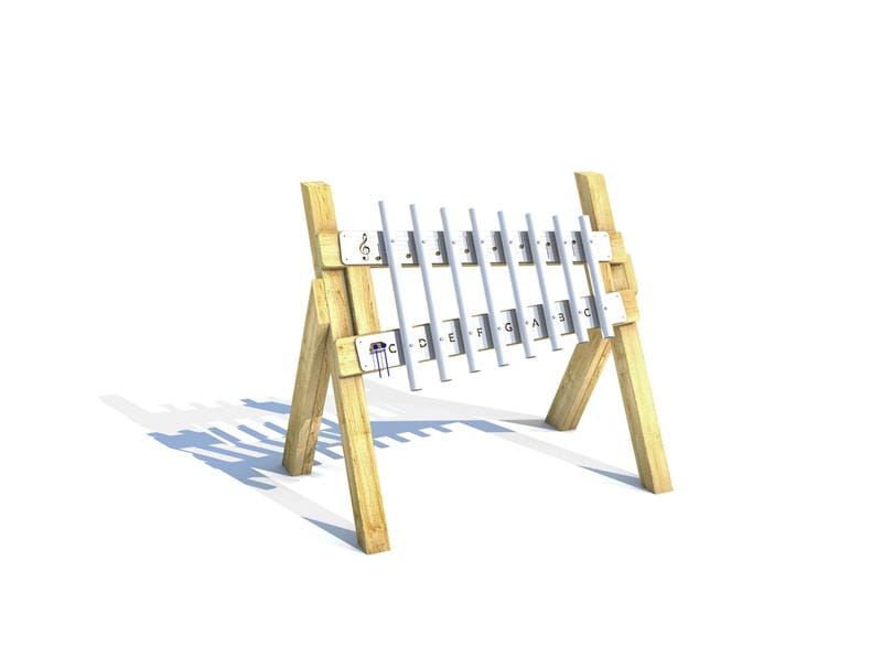 A CGI image which shows the Freestanding Playground Chimes from a distance, displaying how the note names are written on the equipment. It also shows how the equipment is freestanding, with wooden poles supporting the chime set.