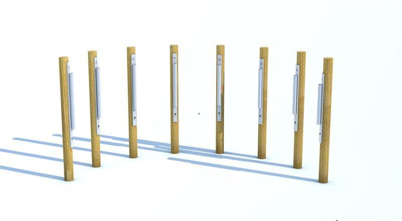 A CGI image which shows 8 individual chimes. Each chime has it's own wooden pole and represents one of the main 8 notes.