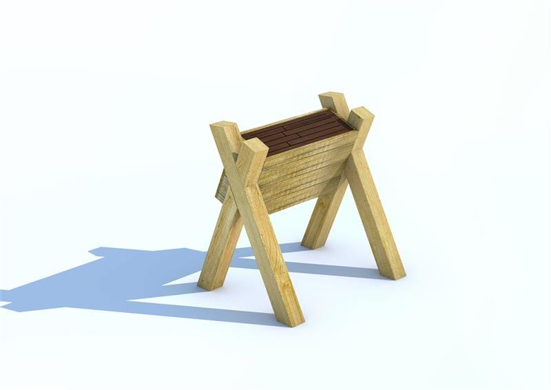 A CGI image showing our Tongue Drum and how it's freestanding. The wooden poles support the actual drum structure, allowing children ease of access to the instrument.