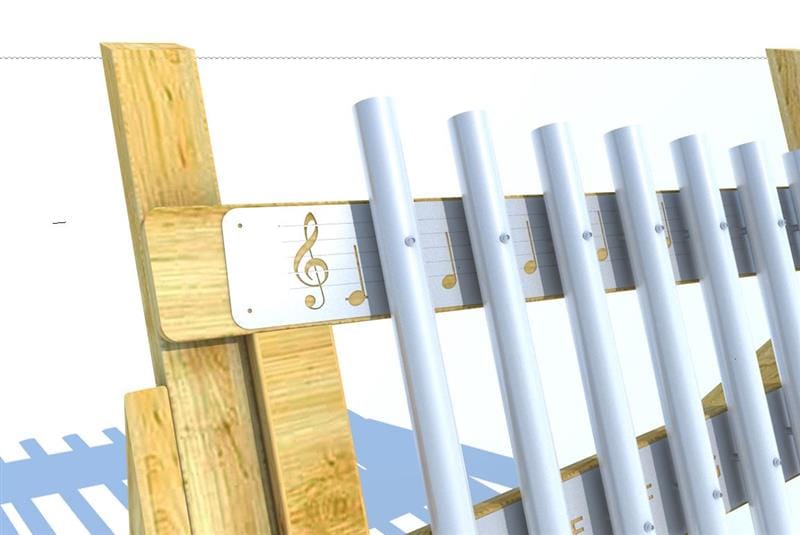 A CGI image showing an up-close view of our Freestanding Playground Chimes. You can see the actual chimes and can see them ascending in size, with an engraved musical note placed at the end for design.