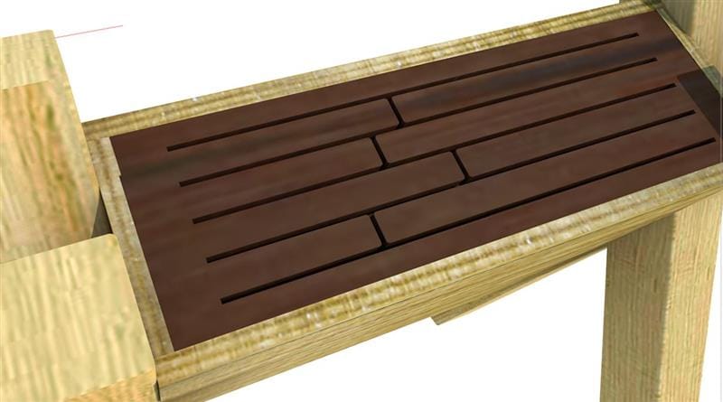 A CGI image of the tongue drum, focusing on the top of the drum. The Sapele timber can be seen as the drum, whilst the regular timber surrounds it.