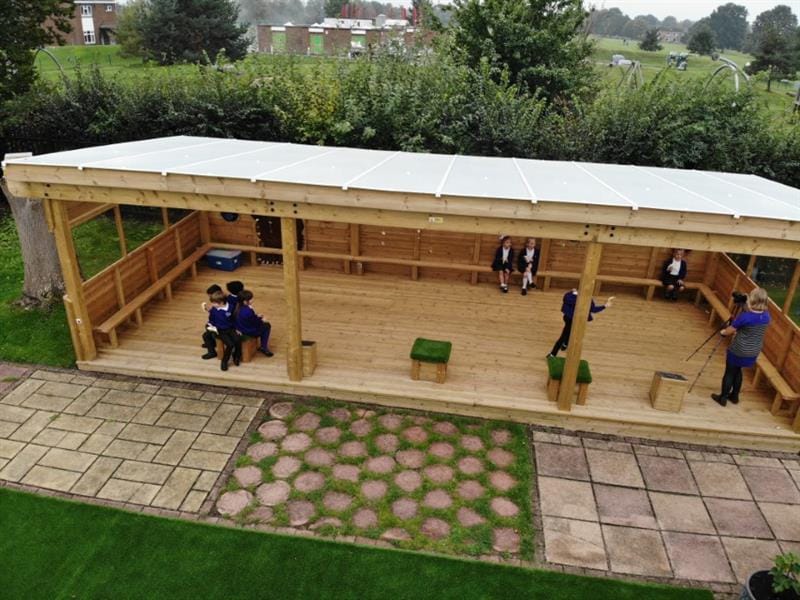 Children sat underneath a rectangle timber canopy