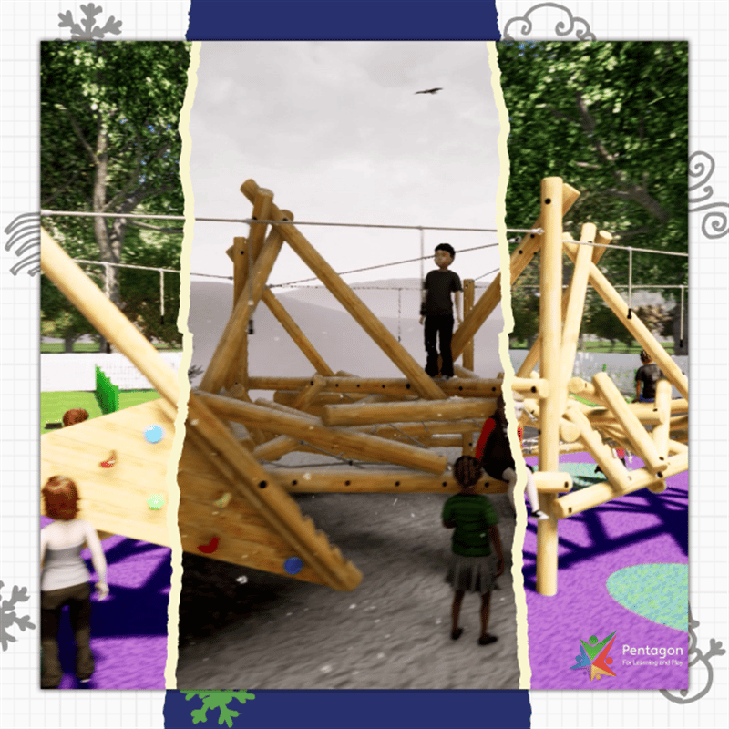Campaign photo of animated children on a climbing frame transitioning into a climbing frame on top of a mountain. 