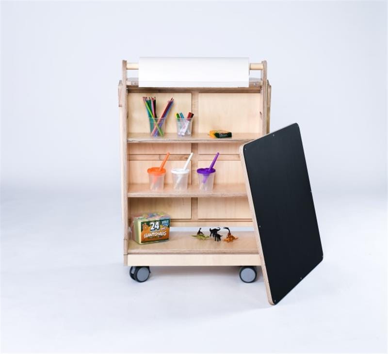 behind the easel mark-making panels, there is plenty of shelved storage for resources 