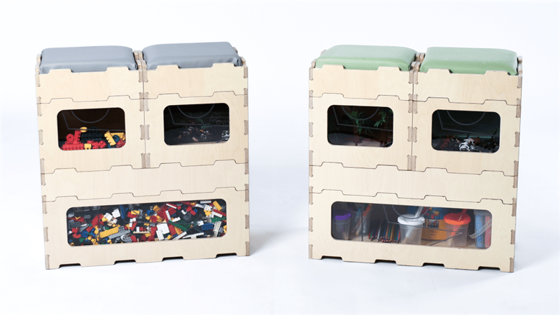 2 benches and 4 stools stacked neatly with toys in the bases