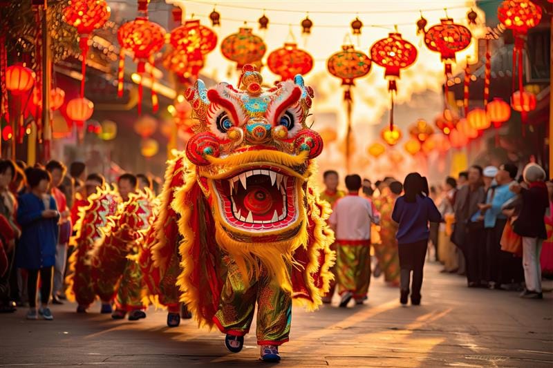 a chinese dragon costume going through a chinese street to celebrate Chinese New Year