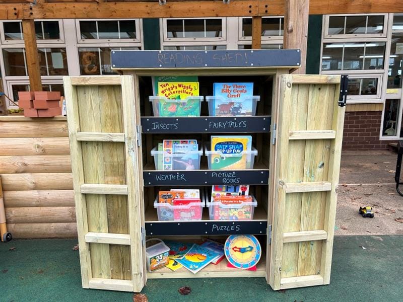 a photograph of the acorn store filled with books, and a toy clock