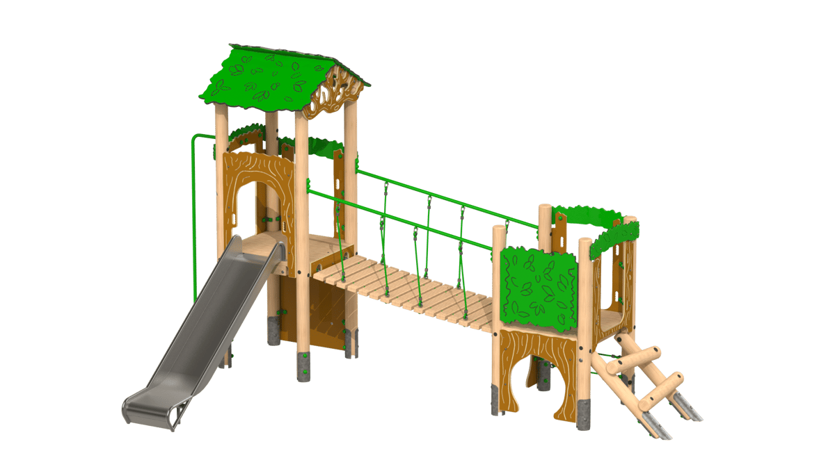 A picture of the Falcon Play Tower, showcasing two wooden towers with a bridge attached between them. A variety of different activities have been installed on the structure.