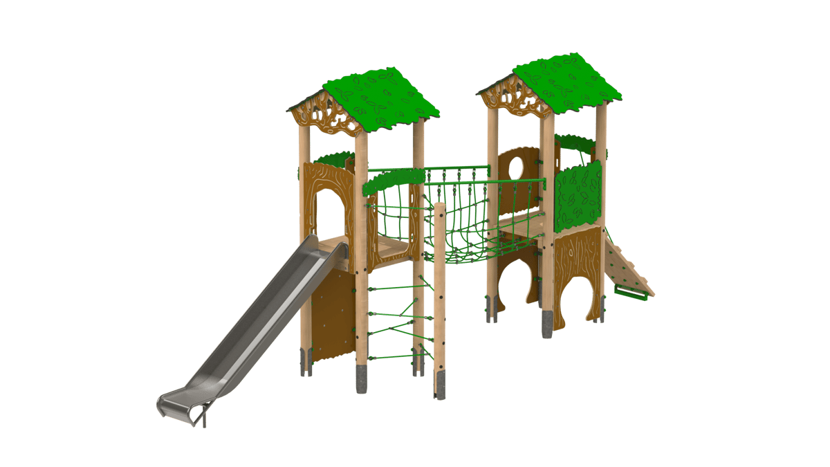 An image of the Buzzard Play Tower. Showcasing two wooden towers connected by a rope bridge, the tower has a variety of different activities attached to the main structure.