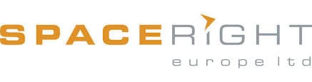 Logo for spaceright. The text "Spaceright" is split in half and is shown in two colours, orange and grey