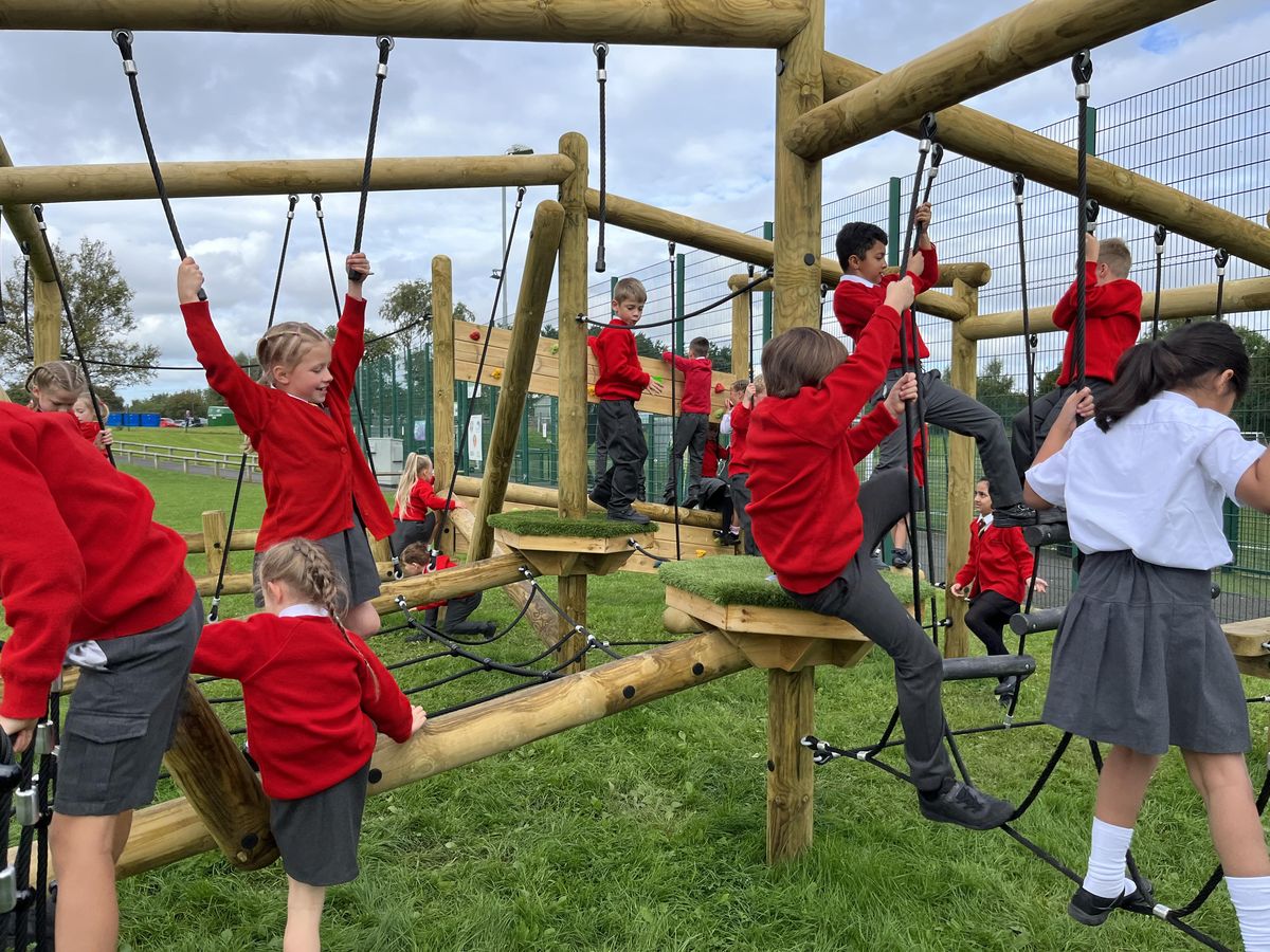 A large group of children are playing on a forest trim trail as they engage in active play.