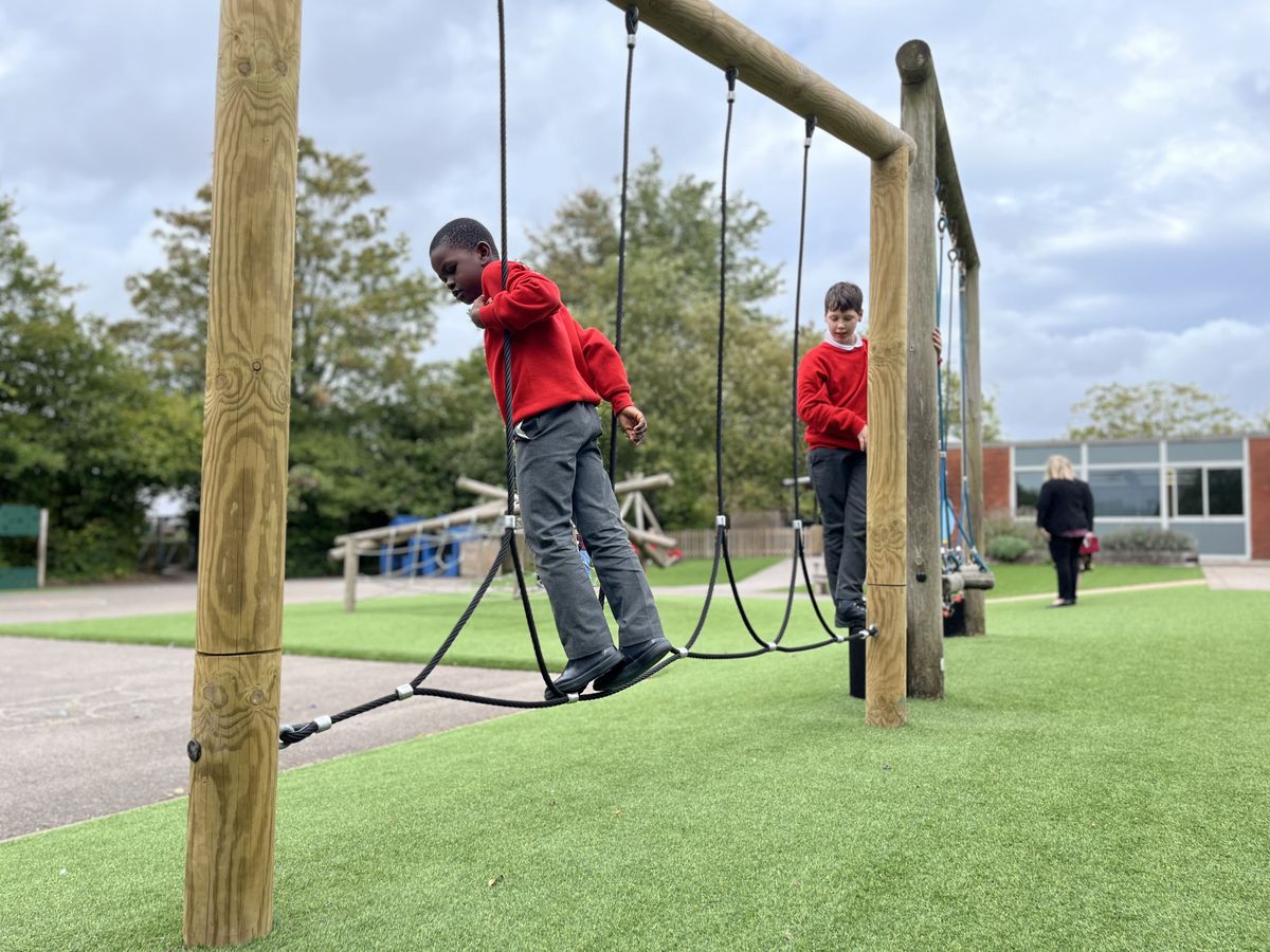 A line of school children are navigating their way around a forest trim trail, installed on artificial grass.