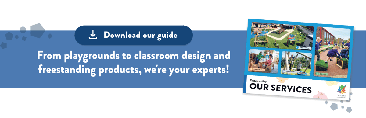 A navy blue banner with a variety of different shapes coming off it and white text on it saying "from playgrounds to classroom design and freestanding products, we're your experts!". Above the banner is a darker navy blue CTA saying "Download our guide".