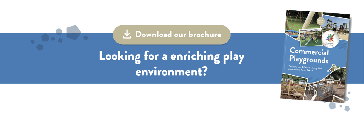 A navy blue background with shapes and white text on it saying "looking for a enriching play environment?". A beige CTA is located at the top of the banner, with text inside it saying "Download our brochure".