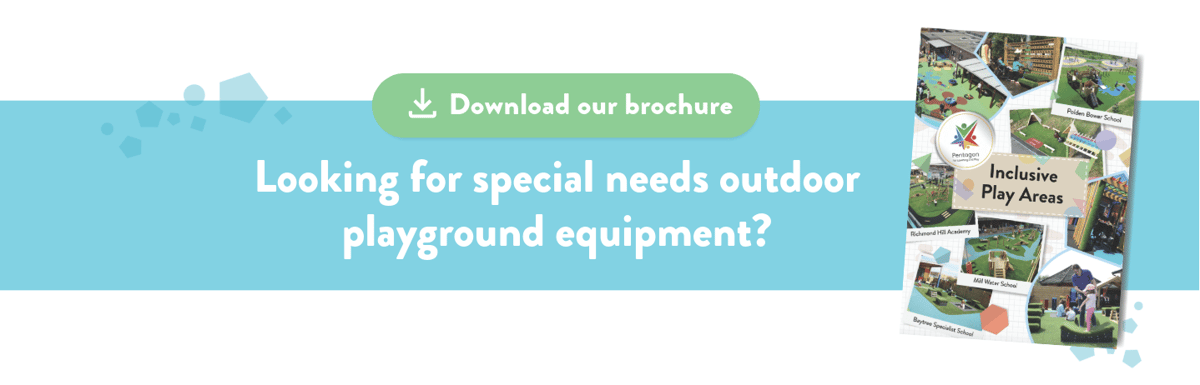 A turquoise banner with white text saying "looking for special needs outdoor playground equipment?" and a green CTA saying "download our brochure". 