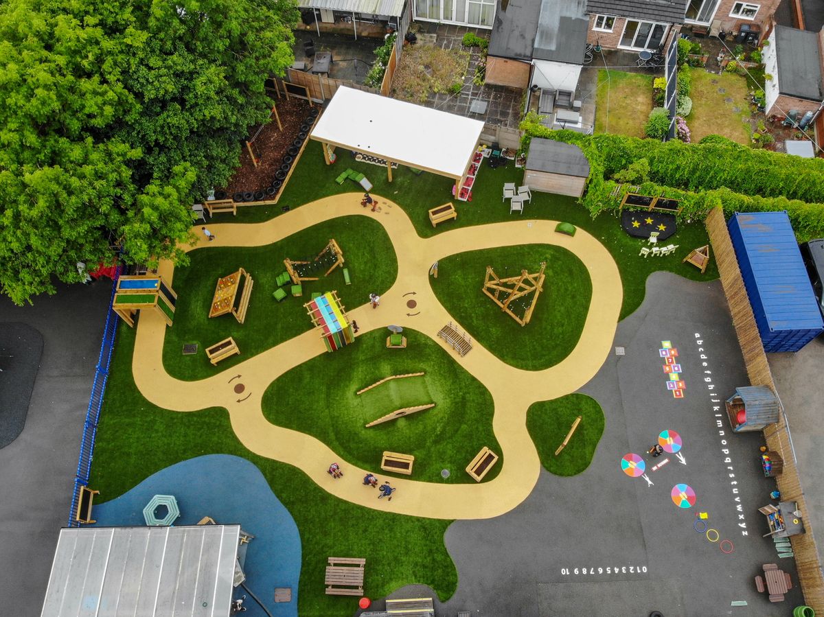 A birdseye image that showcases a huge playground with new surfacing and a variety of new play equipment.