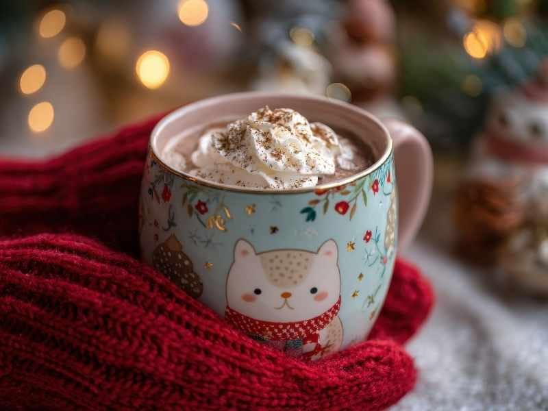 A hot chocolate in a mug, being held by a red glove, with christmas lights in the background.