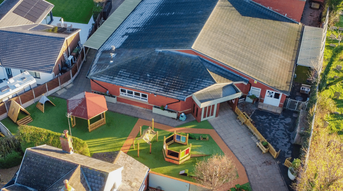 A birdseye photo of a school playground with EN 1176 and EN 1177 abiding surfacing and equipment.