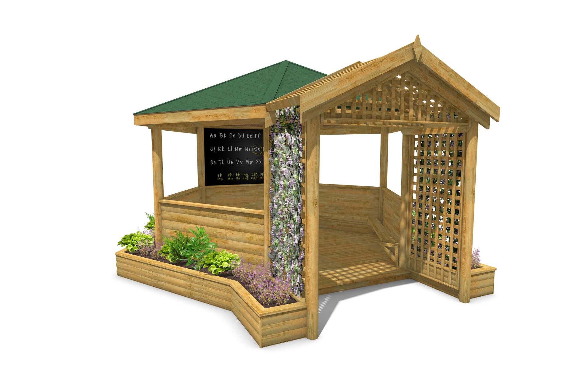 3d render of wooden gazebo with secret garden