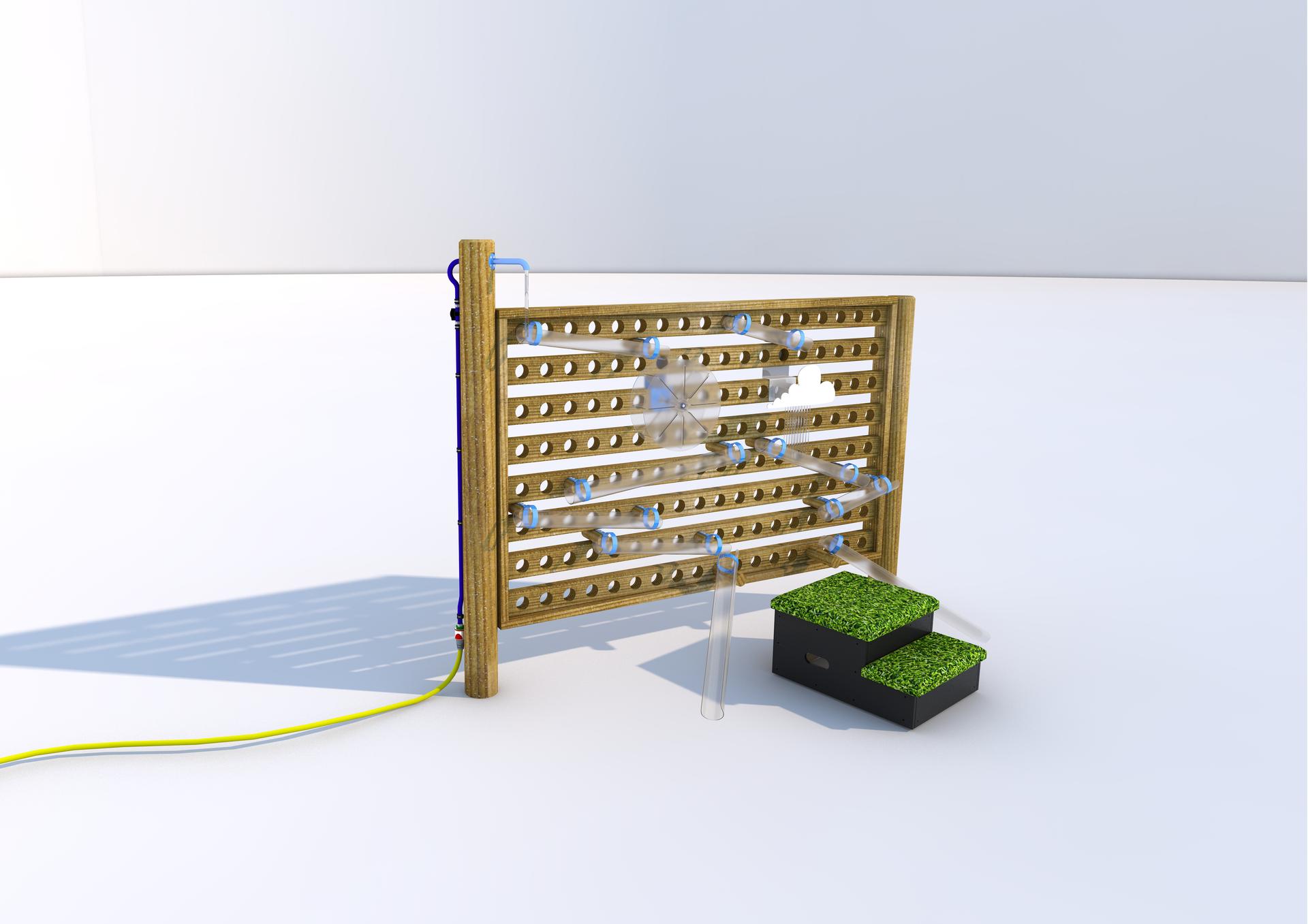 A 3D render of the Water Wall with Spout and Steps from the front on a white floor and background.