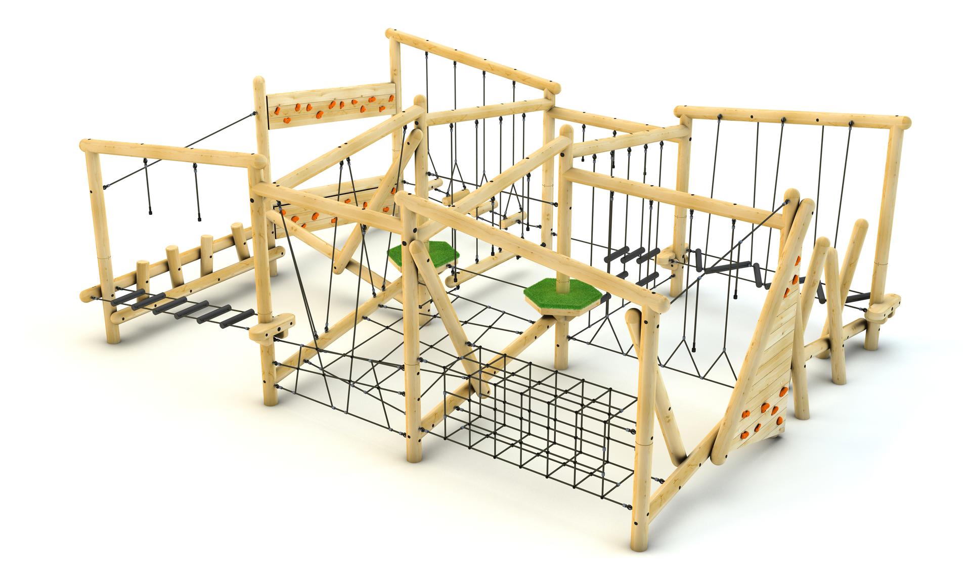 A 3D render of the Grizedale Forest Circuit from an angle, showcasing all the different obstacles on it.