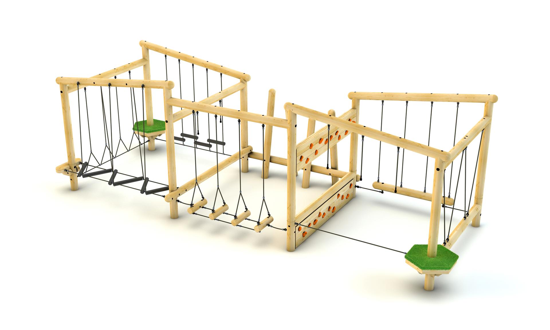 3d render of Wooden Kielder Forest Circuit Climbing Frame with multiple children playing on it.