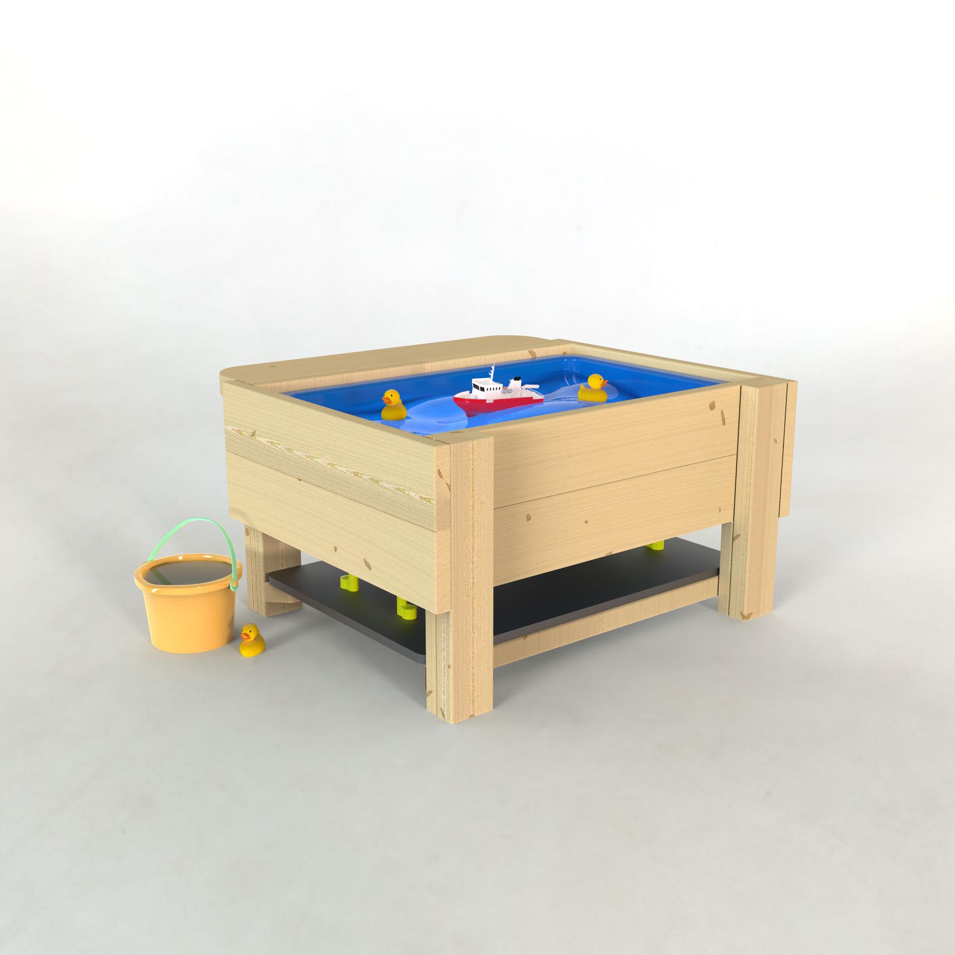 A 3D render of the water table with lid, with the lid being removed and stored underneath the piece of equipment.