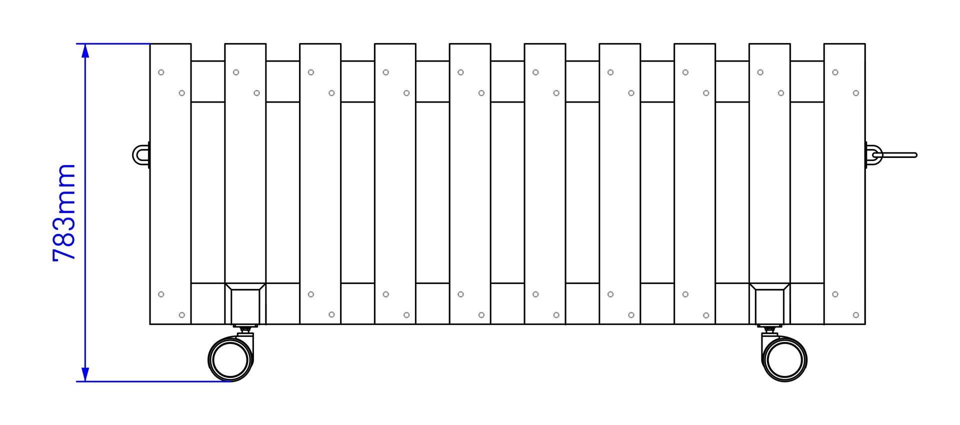 A technical drawing showing the dimensions of the Interactive Fence Panel on Wheels