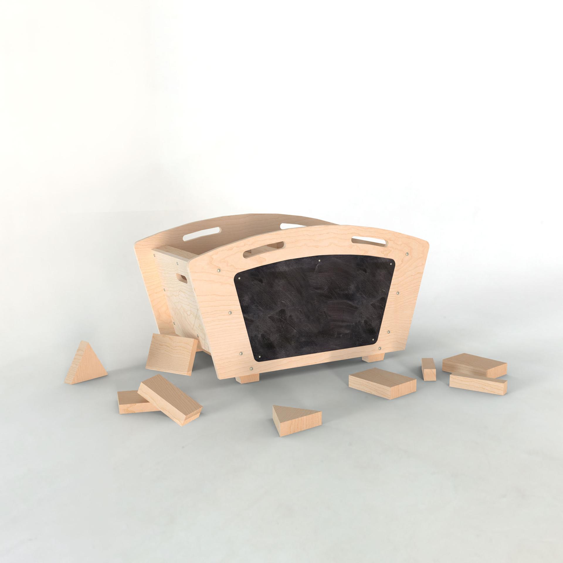Render of a wooden Maxi Skip with wooden Play Blocks