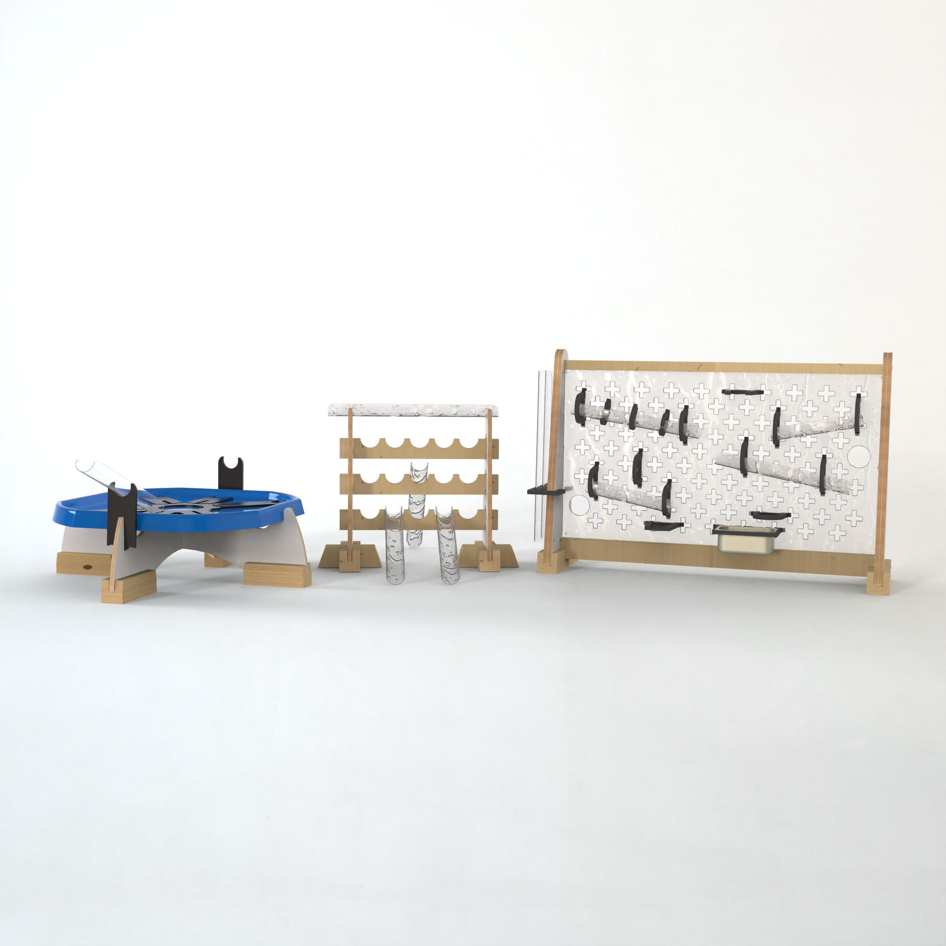 A 3D visualisation of the Buttermere Water Play Package, showcasing the pieces of equipment that are included in this package.