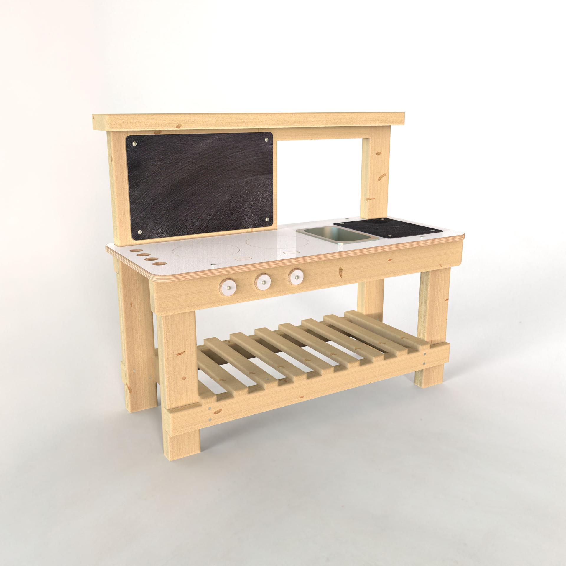 A 3D render of the Mud Kitchen, showcasing all of the features included on the piece of equipment.