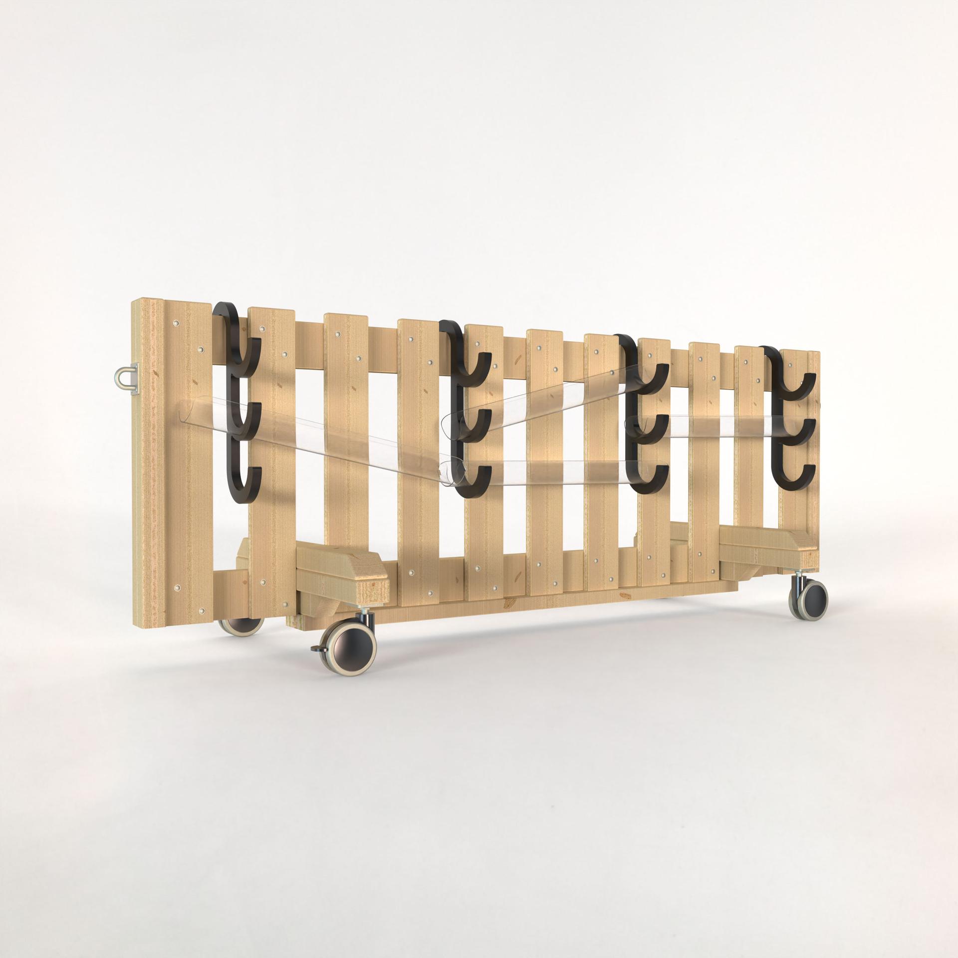 A 3D render of the Water Channel Hooks attached to a movable fence panel.