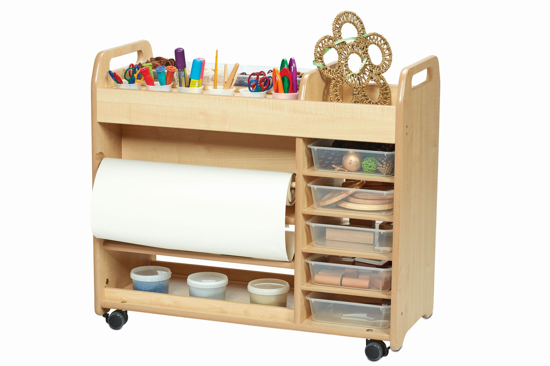 A Continuous Provision Trolley with arts and crafts supplies, on a white background.