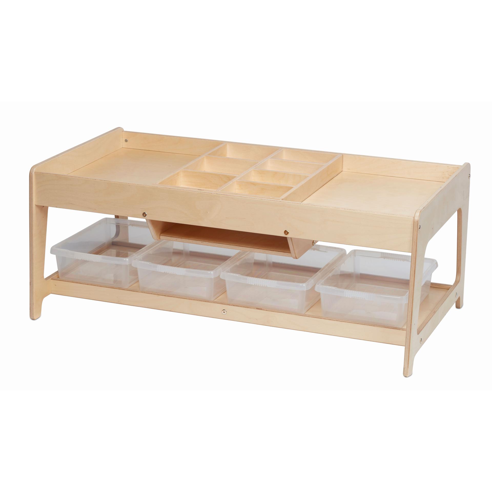 An empty Investigative Play Table with 4 Clear Tubs, on a white background.