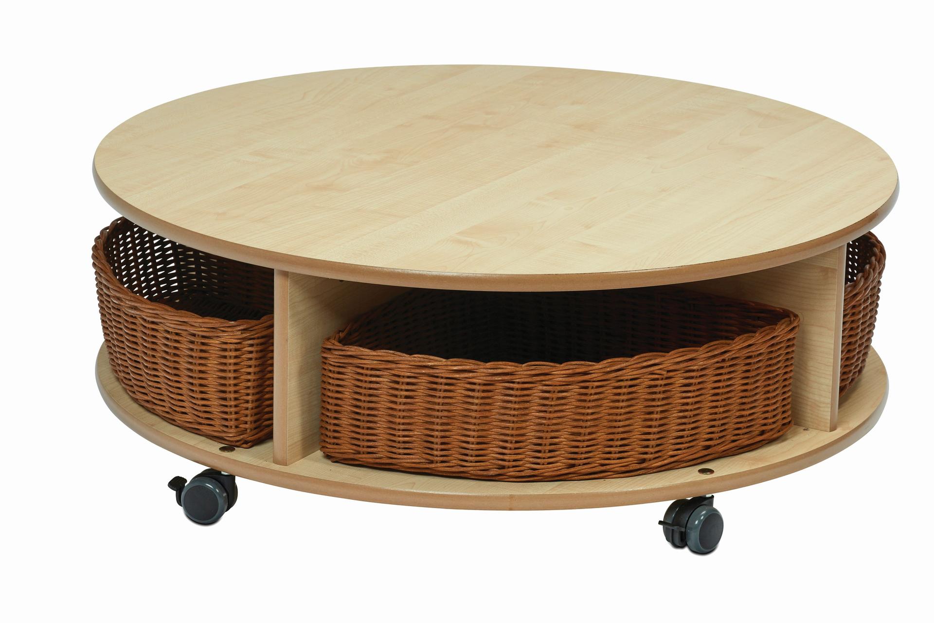 An empty wooden Single Tier Mobile Circular Storage Unit with Baskets on wheels, on a white background.