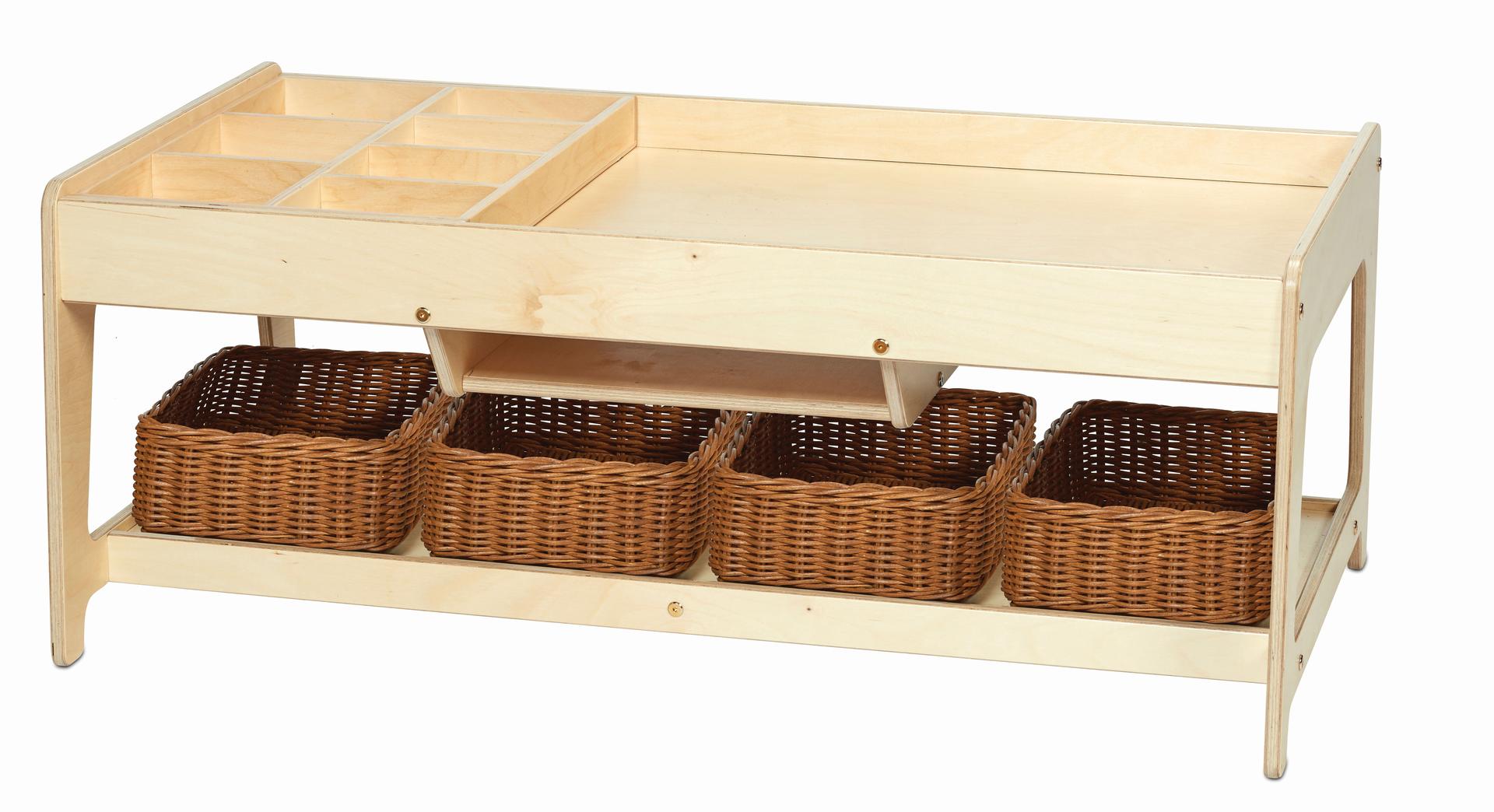 An empty wooden Investigative Play Table with baskets underneath for storage, on a white background.