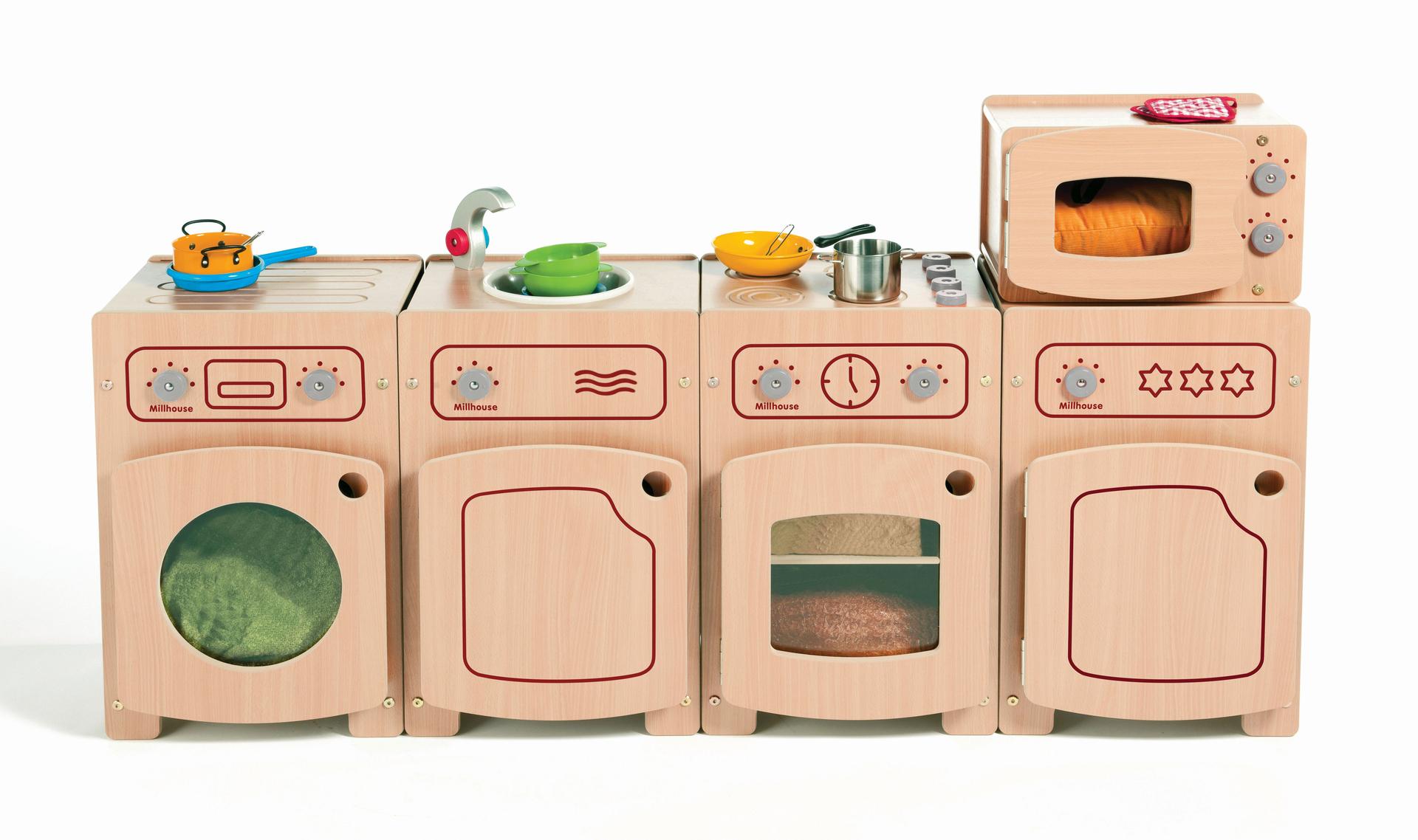 A wooden set of kitchen appliances including a washing machine, oven, dishwasher and oven on a white background.