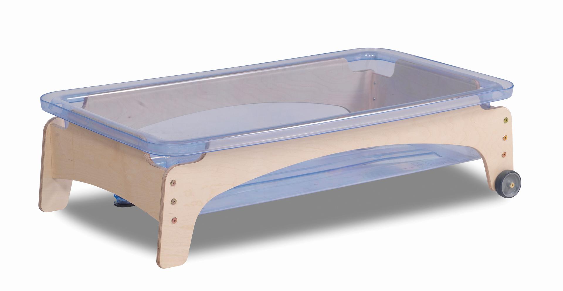 An empty Sand and Water table on wheels, on a white background.