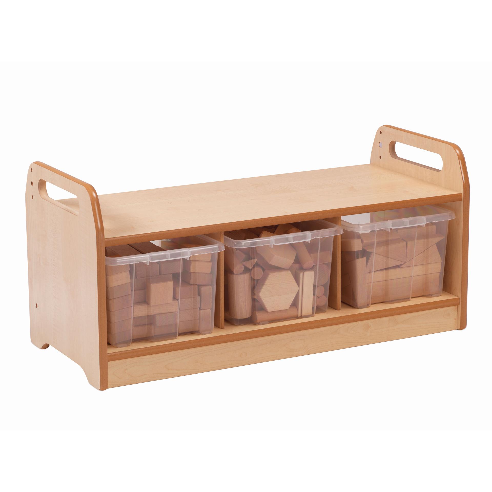 A Low Block Play Unit with blocks neatly organised inside the three plastic tubs, with a white background