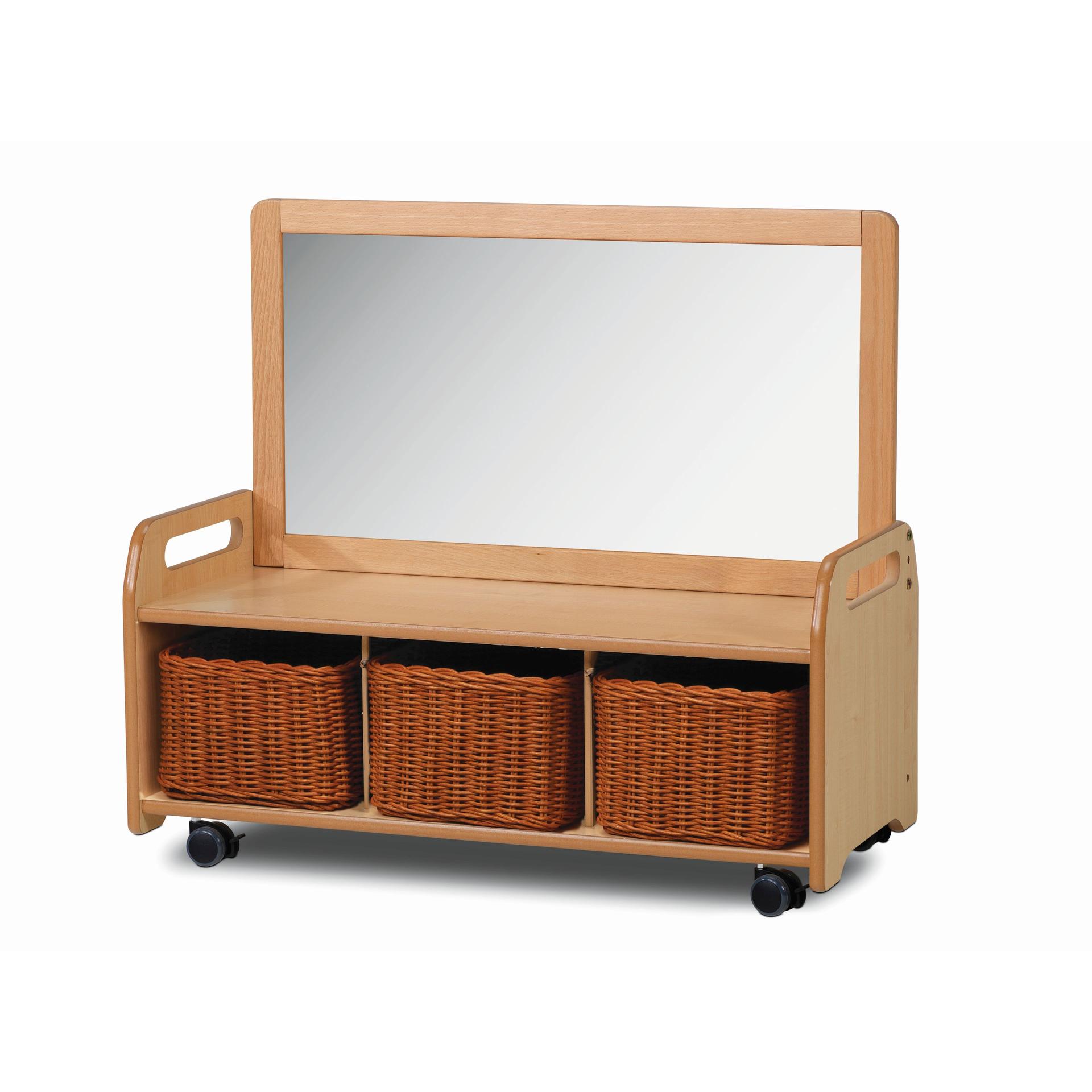 A Mobile Mirror Storage Unit with 3 Baskets, with a white background. 